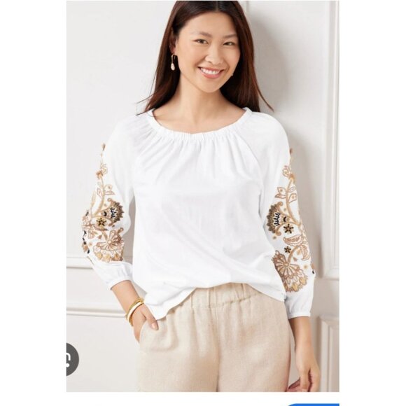 Talbot Blouson 3/4 Sleeve Top Size Large Boho Peasant Embroidered White - Picture 2 of 11